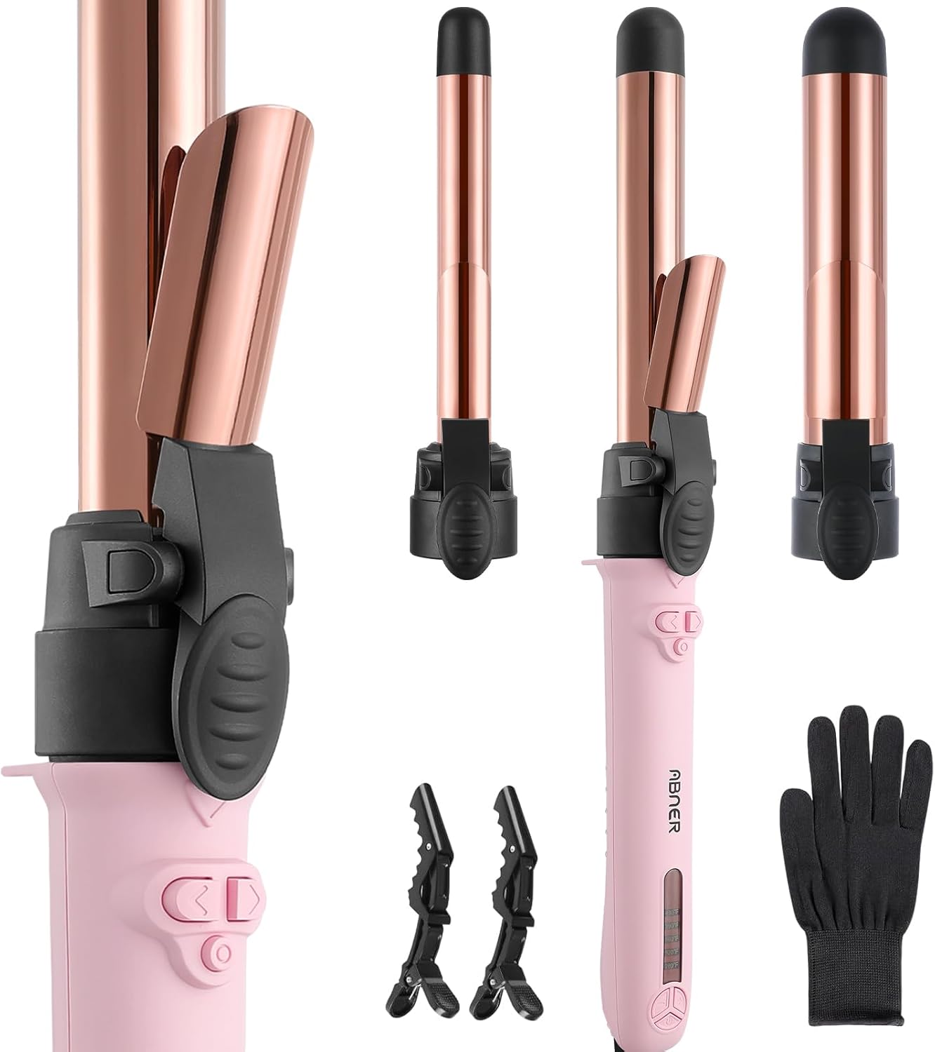 ABNER Rotating Curling Iron Set, Automatic Curling Wand for Long Hair, Easy to Use Hair Curler Get Effortless Beach Waves, 3 Sizes Ceramic Barrel 0.75" 1" 1.25" to 430°F with Home Button, Dual Voltage