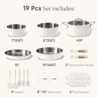 CAROTE 19pcs Tri-Ply Stainless Steel Cookware Set with Detachable Handle, Pots and Pans Set, Induction Kitchen Cooking Sets, RV/Camping Cookware, Outer Ceramic Layer, Oven Safe, Cream White - Image 7