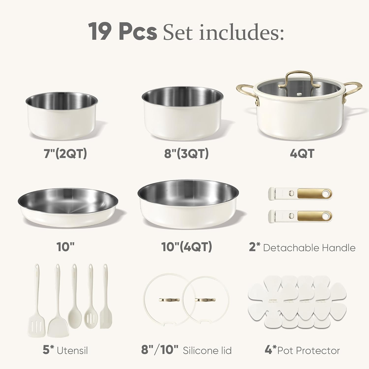CAROTE 19pcs Tri-Ply Stainless Steel Cookware Set with Detachable Handle, Pots and Pans Set, Induction Kitchen Cooking Sets, RV/Camping Cookware, Outer Ceramic Layer, Oven Safe, Cream White - Image 7