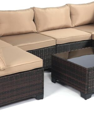 LEVELEVE 7 Pieces Outdoor Patio Furniture Sets,Rattan Conversation Sectional Set,Manual Weaving Wicker Patio Sofa with Tea Table