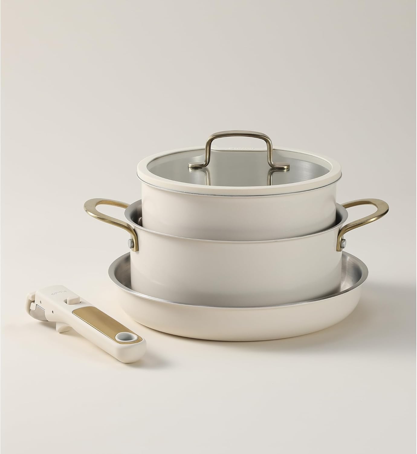 CAROTE 19pcs Tri-Ply Stainless Steel Cookware Set with Detachable Handle, Pots and Pans Set, Induction Kitchen Cooking Sets, RV/Camping Cookware, Outer Ceramic Layer, Oven Safe, Cream White - Image 4