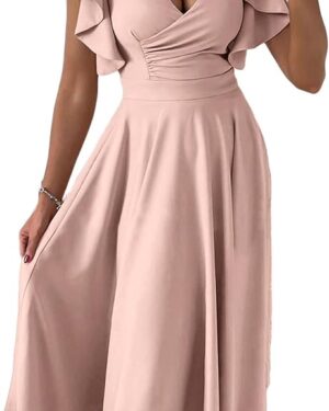 PRETTYGARDEN Summer Midi Dress 2025 Elegant Classy Ruffle Sleeve V Neck Cocktail Wedding Guest Spring Fit and Flared Dresses