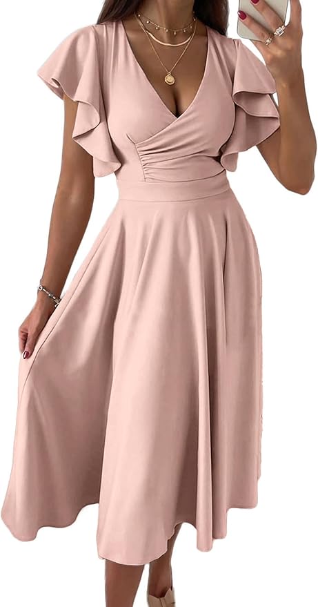 PRETTYGARDEN Summer Midi Dress 2025 Elegant Classy Ruffle Sleeve V Neck Cocktail Wedding Guest Spring Fit and Flared Dresses
