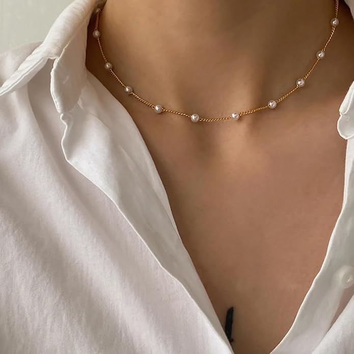 Pearl Necklaces for Women,18K Gold Plated Dainty Single Pearl Pendant Necklace Simple Pearl Choker Necklaces for Women Handmade Pearl Jewelry Bridesmaid Gifts - Image 3