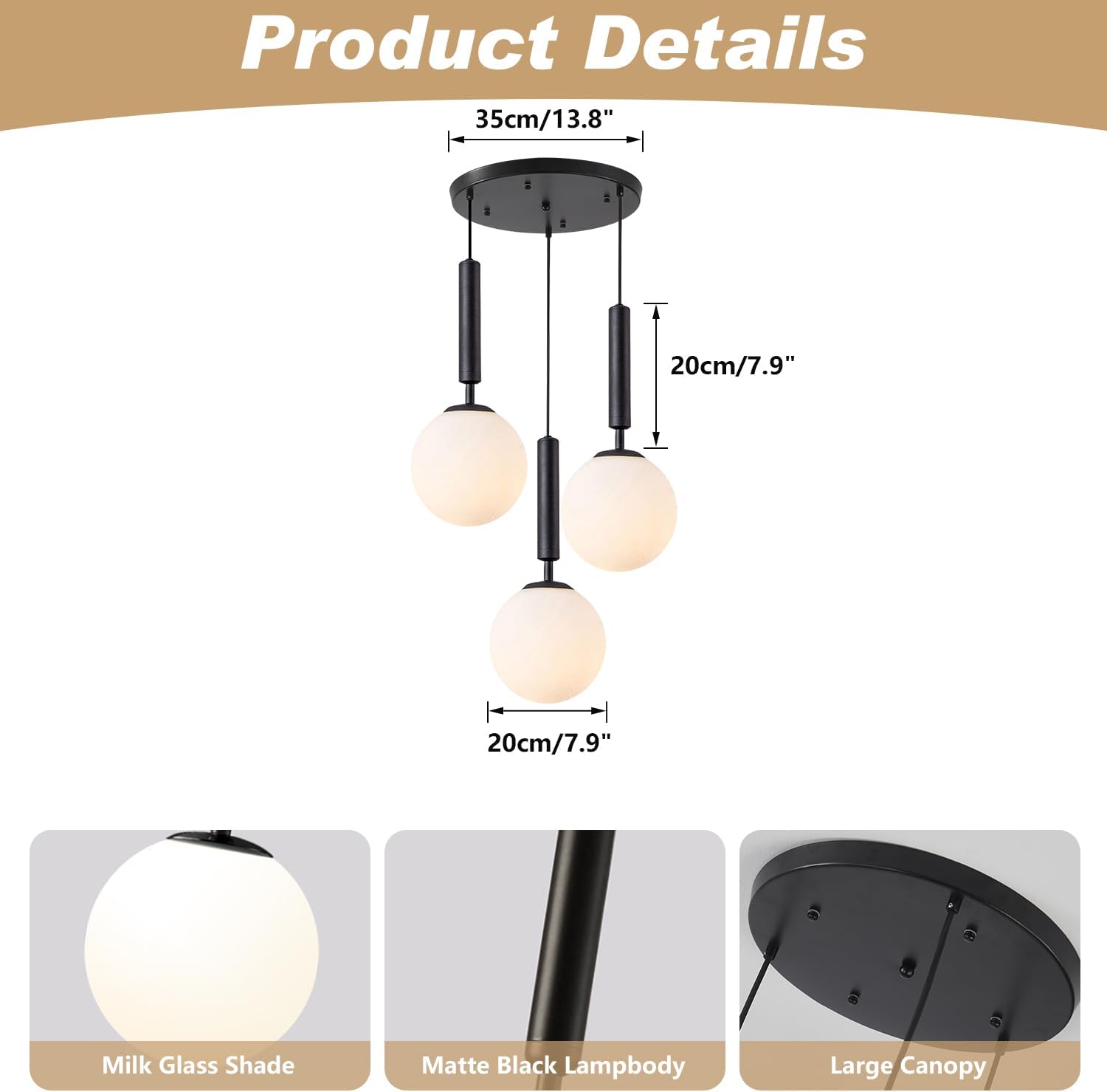 KCO Lighting 3 Light Globe Cluster Pendant Light Modern Large Milk Glass Chandelier Mid Century Black Cluster Chandelier Pendant Lighting Vintage Multi Light Hanging Ceiling Fixture - Image 6