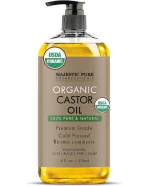 Majestic Pure USDA Organic Castor Oil - 100% Pure & Natural - Premium Grade, Cold Pressed, Hexane Free - Hair, Eyelashes, Eyebrows, Nails - Moisturizing & Nourishing - 8 Fl Oz