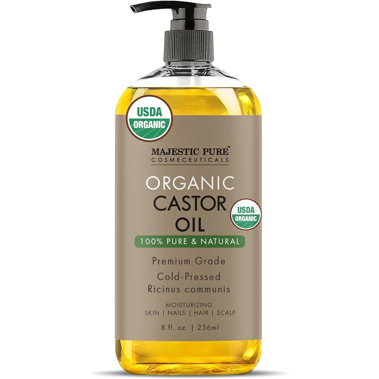 Majestic Pure USDA Organic Castor Oil - 100% Pure & Natural - Premium Grade, Cold Pressed, Hexane Free - Hair, Eyelashes, Eyebrows, Nails - Moisturizing & Nourishing - 8 Fl Oz