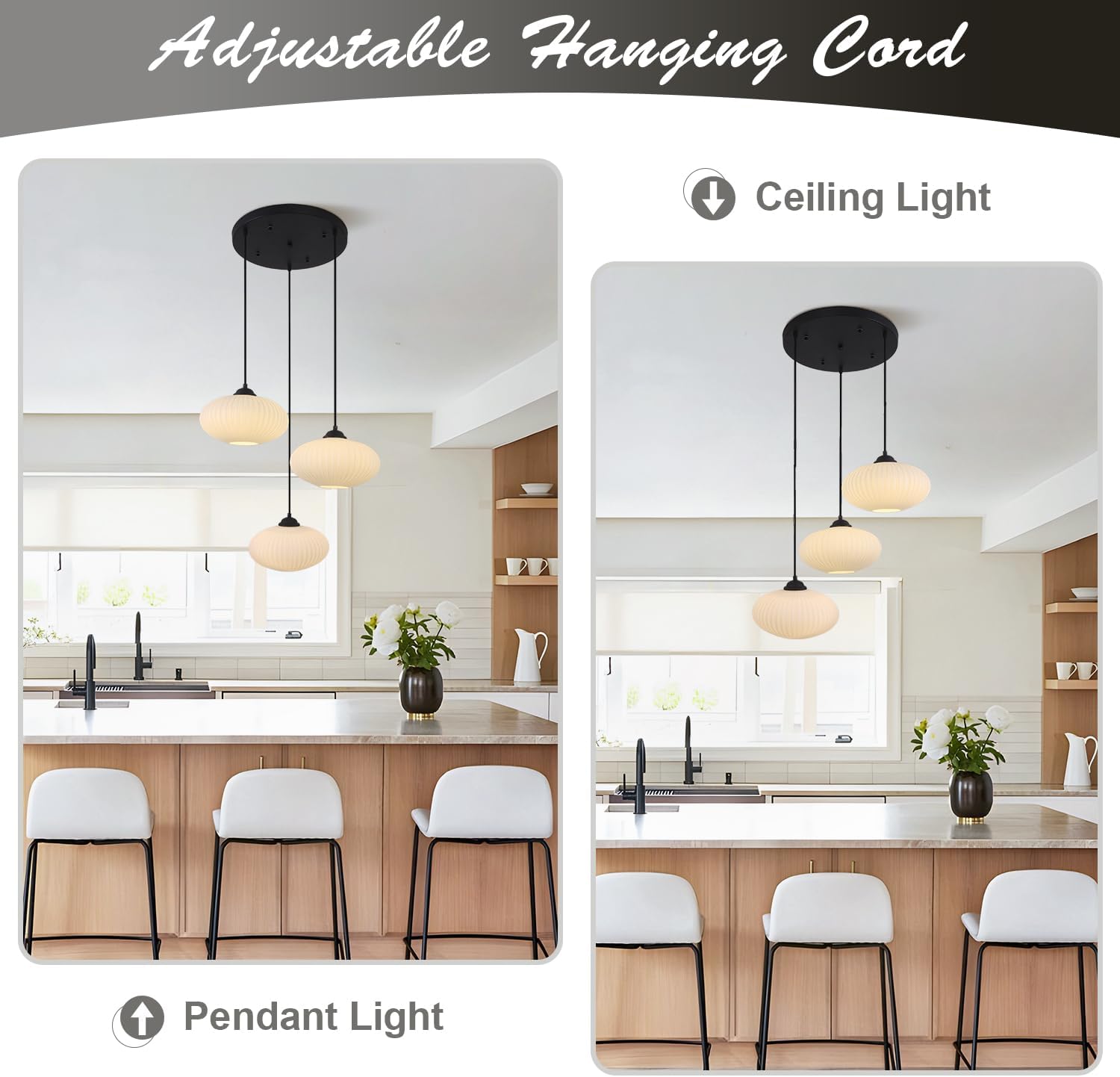 KCO Lighting 3-Light Cluster Pendant Hanging Lights Black Globe Chandelier Light Fixture Large Milk Glass Cluster Pendant Lights Mid Century Modern Multi Light Pendant Lighting Kitchen Island - Image 4