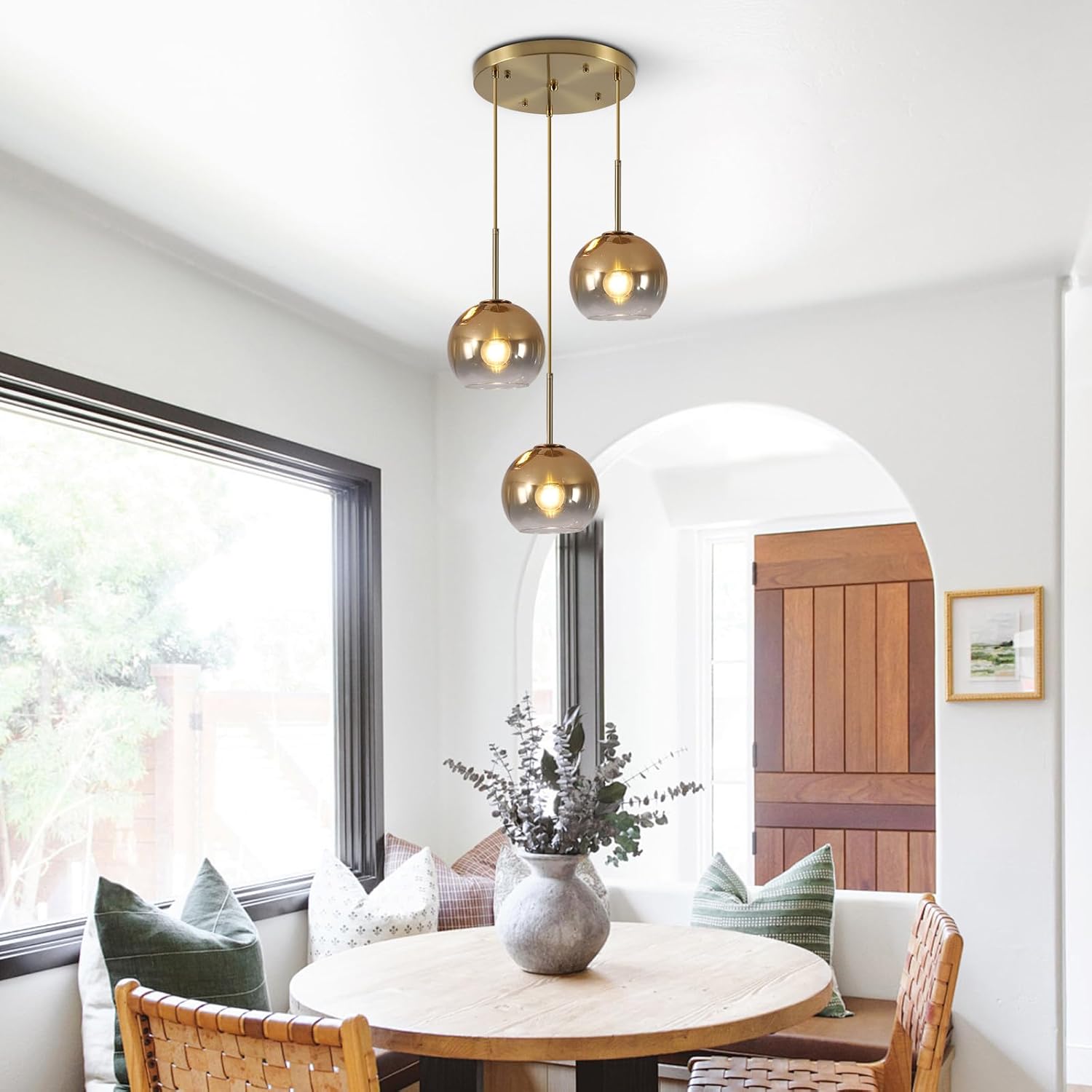 KCO Lighting 3 Light Globe Cluster Pendant Light Modern Glass Cluster Chandelier Gold Glass Pendant Light Fixture Mid Century Dining Room Chandelier Multi Pendant Light Fixture - Image 2
