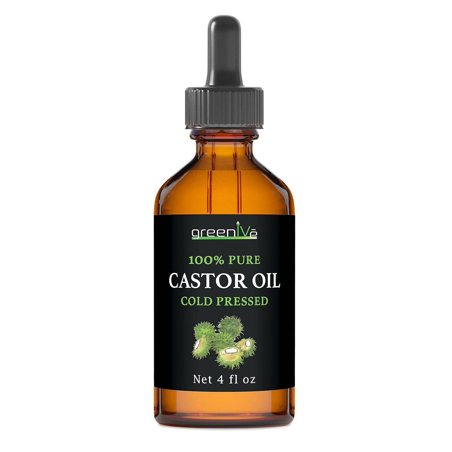 GreenIVe Castor Oil 100% Pure 4 fl oz Bottle Cold Pressed, Hexane Free, Eyelash and Eyebrow Growth Serum, Skin Moisturizer Detox and Wraps