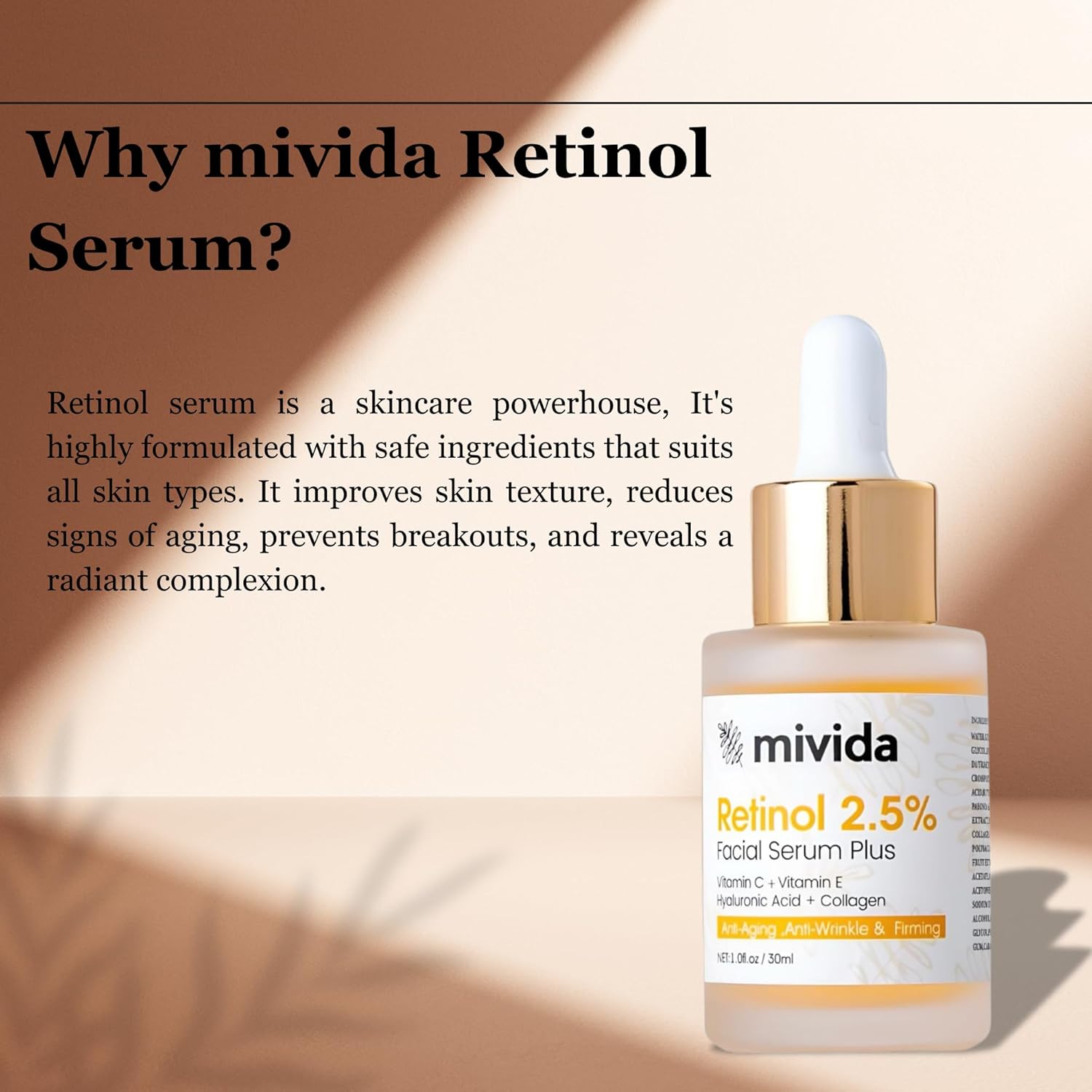 Retinol Serum 2.5% | Anti-Aging Face Serum With Collagen, Vit C, E & Hyaluronic Acid | Targets Wrinkles, Fine Lines, Even-Toned Youthful-Looking Skin, Hyperpigmentation & Acne Marks – 1 Fl Oz - Image 4