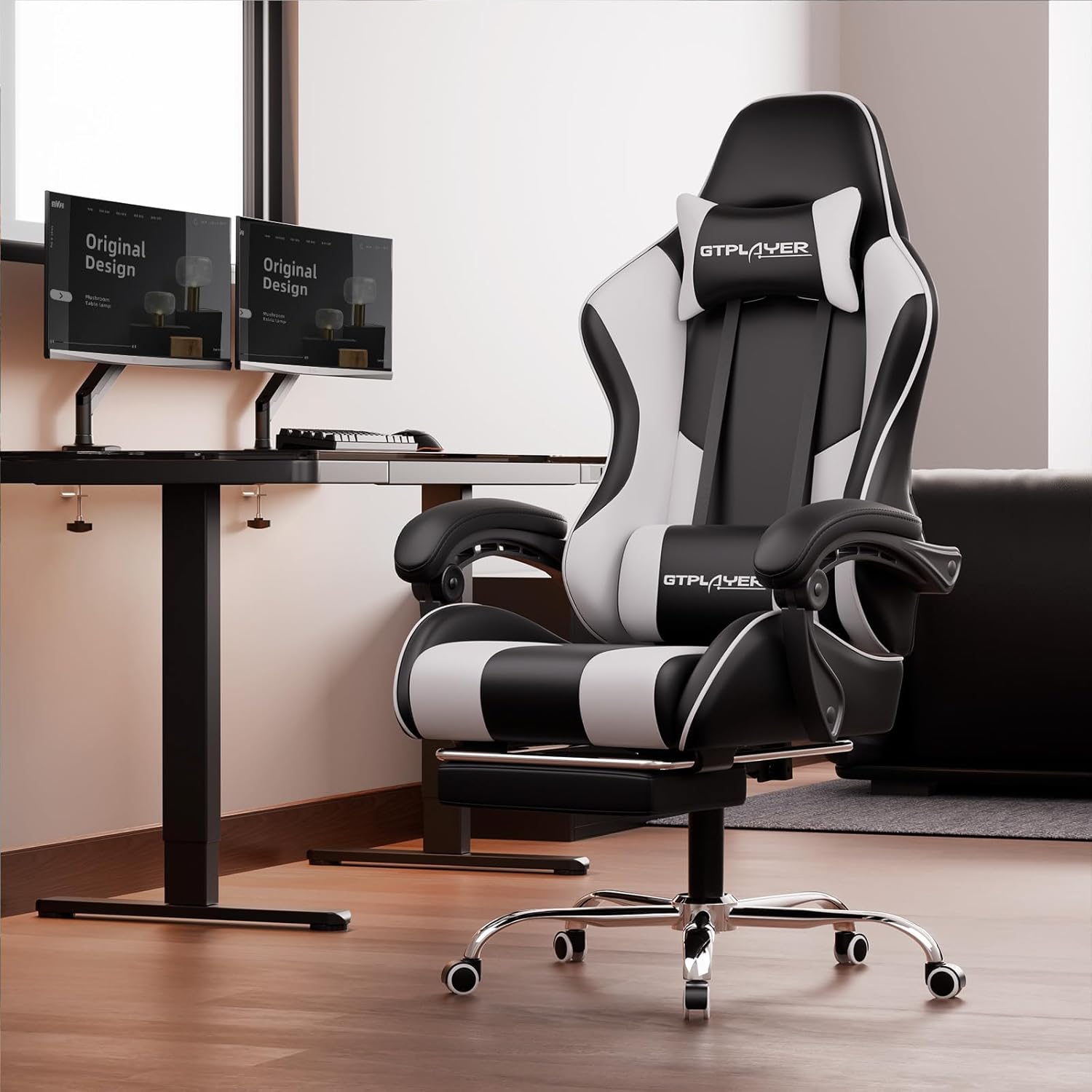 GTPLAYER Gaming Chair, Computer Chair with Footrest and Lumbar Support, Height Adjustable Game Chair with 360°-Swivel Seat and Headrest and for Office or Gaming (Pearl White) - Image 7
