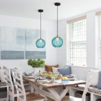 KCO Lighting Nordic Blue Glass Pendant Light Vintage Ribbed Glass Pendant Light Modern Large Globe Chandelier Mid Century Black Kitchen Island Pendant Lighting Over Island 2 Pack - Image 4