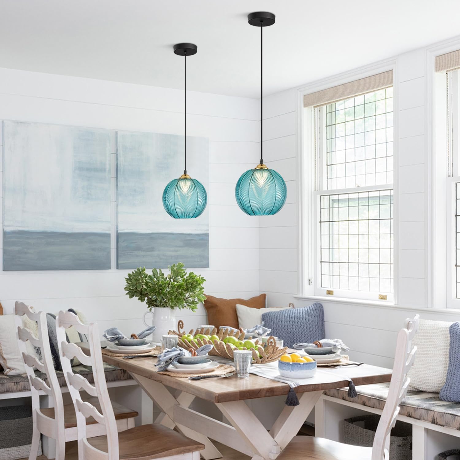 KCO Lighting Nordic Blue Glass Pendant Light Vintage Ribbed Glass Pendant Light Modern Large Globe Chandelier Mid Century Black Kitchen Island Pendant Lighting Over Island 2 Pack - Image 4
