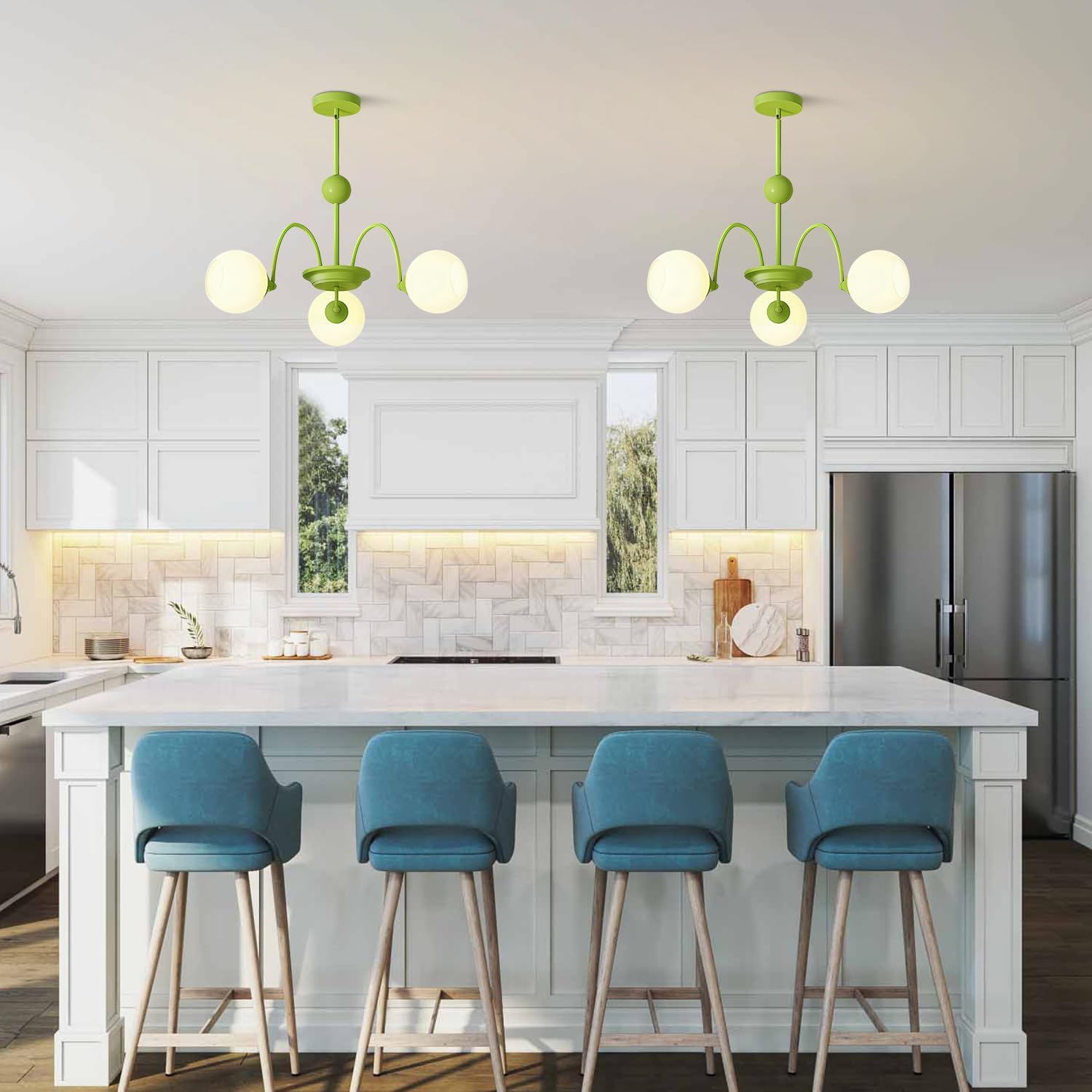 KCO Lighting Mid Century Modern 3-Light Sputnik Chandelier Milk Glass Globe Pendant Light Fixture Nordic Green Chandelier Vintage Flush Mount Ceiling Light for Kitchen Dining Room - Image 3
