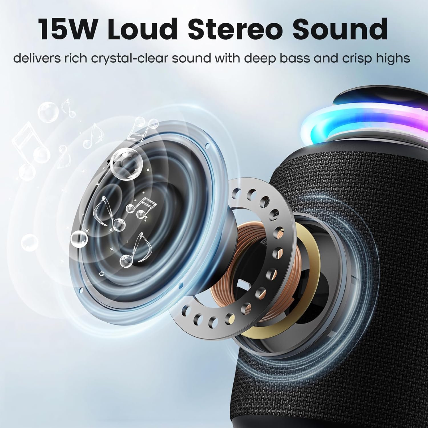 Bluetooth Speaker Wireless,IP67 Waterproof & Dustproof Portable Speaker with Lights,15W Loud Stereo Sound, 2500mAh Battery All Day Playtime, TWS Pairing, BT5.3, Home/Party/Outdoor/Beach (Black) - Image 5