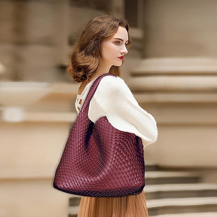 Women Vegan Leather Hand-Woven Tote Handbag Fashion Shoulder Top-handle Bag All-Match Underarm Bag with Purse - Image 7