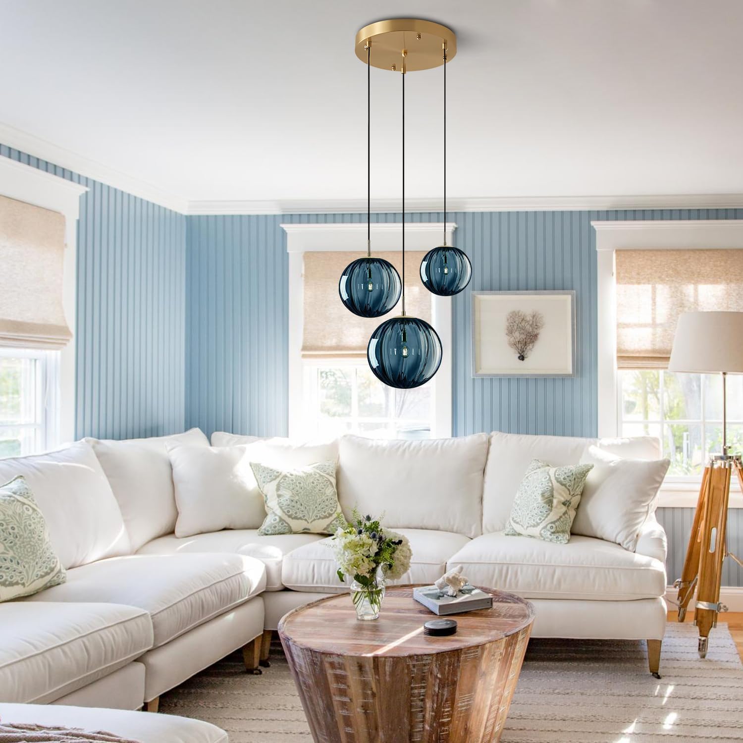 KCO Lighting Mid Century Modern 3-Lights Globe Pendant Light Fixture Brass Gold Cluster Pendant Light Kitchen Island Multi Light Pendant Lighting Ceiling Hanging Blue Glass Hanging Light - Image 4