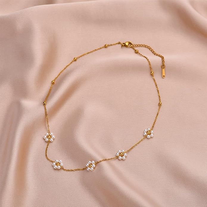Dainty Pearl Necklace for Women,14K Gold Plated Pearl Choker Daisy Pearl Necklaces Simple White Pearl Necklace for Wedding Prom Bridal Jewelry Gift - Image 5