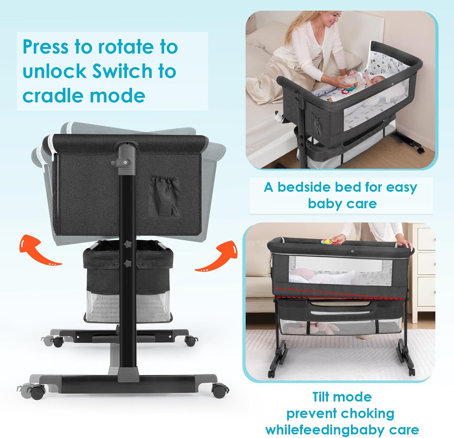 Baby Bassinet, Baby Basinet Bedside Sleeper, Easy to Fold Portable Crib Side Bassinet 2025new Style Girl/boy bassinets (Dark Gray) - Image 3