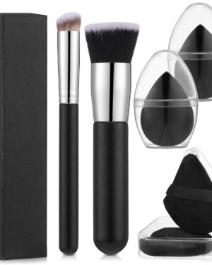 6Pcs Foundation Brush for Liquid Makeup,Liquid Foundation Brush with Makeup Sponge and Powder Puff for Foundation, Powder, Blush, and Concealer(Black)