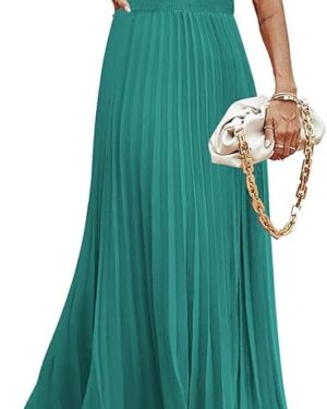 PRETTYGARDEN Women's Maxi Dresses 2025 Summer Trendy Cap Short Sleeve Button V Neck Casual Flowy Pleated Long Dress