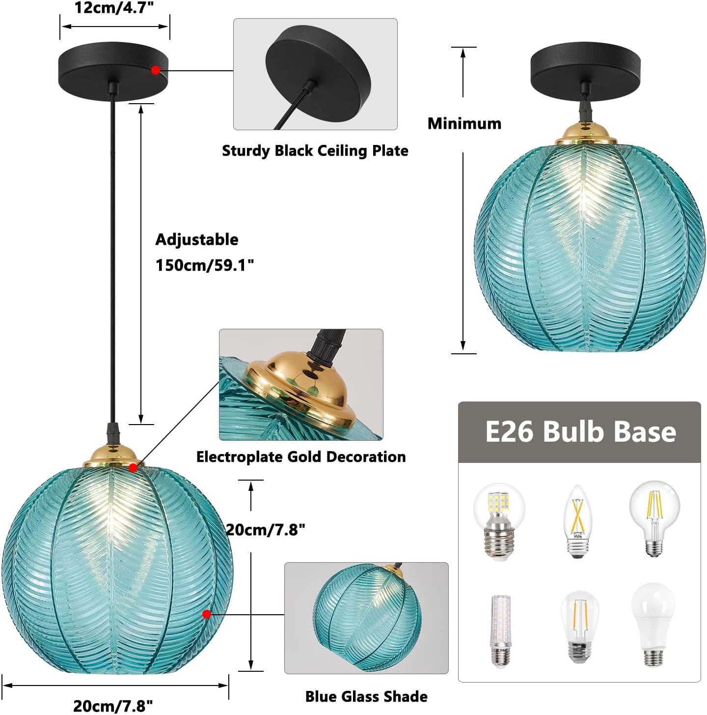 KCO Lighting Nordic Blue Glass Pendant Light Vintage Ribbed Glass Pendant Light Modern Large Globe Chandelier Mid Century Black Kitchen Island Pendant Lighting Over Island 2 Pack - Image 7