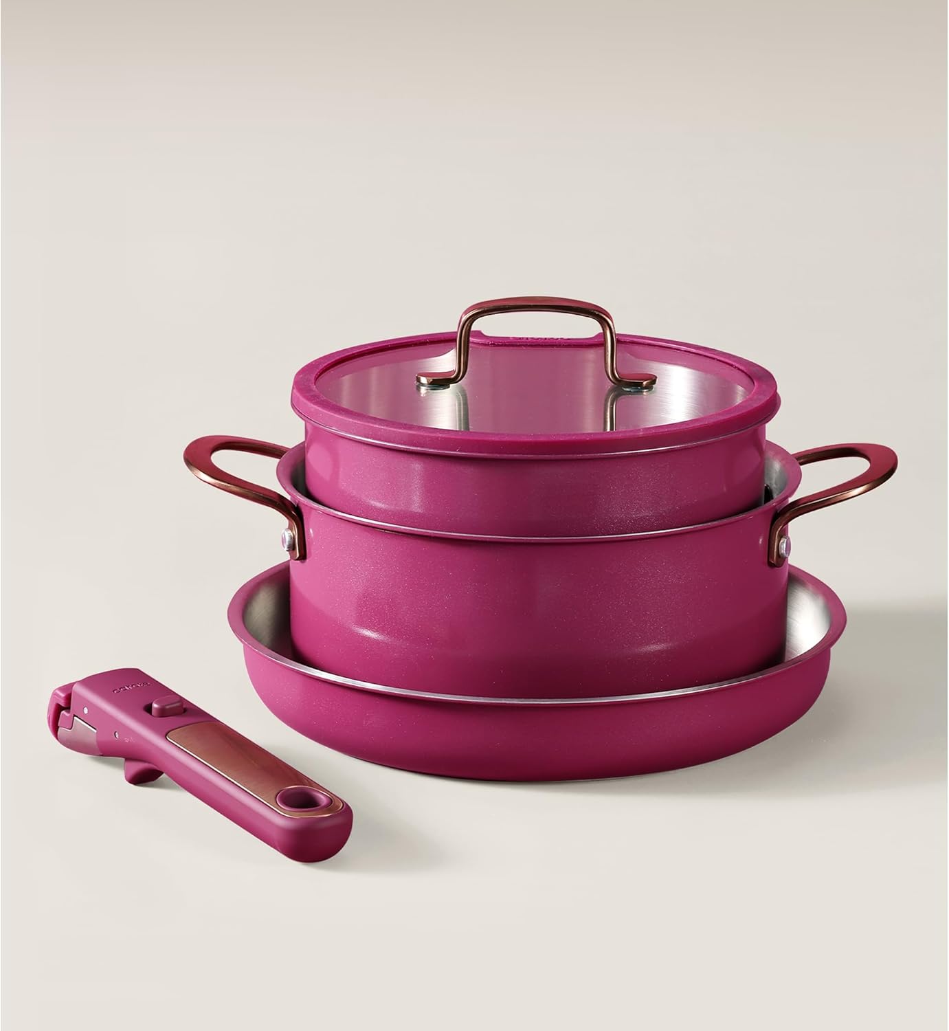 CAROTE 19pcs Tri-Ply Stainless Steel Cookware Set with Detachable Handle, Pots and Pans Set, Induction Kitchen Cooking Sets, RV/Camping Cookware, Outer Ceramic Layer, Oven Safe, Violet Purple - Image 4
