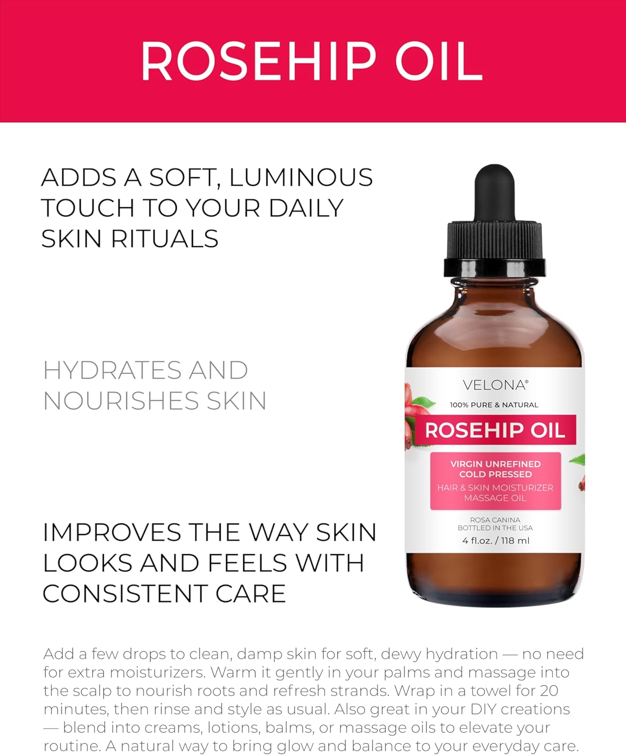 velona Rosehip Oil - 4 Fl Oz | 100% Pure and Natural Carrier Oil| Unrefined, Cold Pressed, Hexane Free | Moisturizing Face, Hair, Body, Skin Care, Stretch Marks, Scars… - Image 6