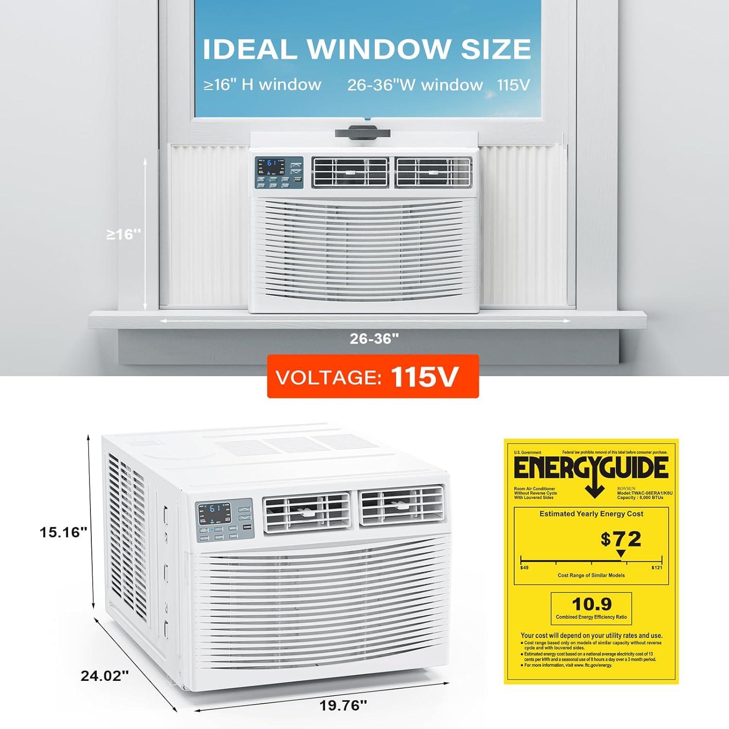 ROVSUN 8000 BTU Window Air Conditioner with Heat, Window AC Unit & Heater Combo with APP & Voice Smart Control, Timer Function & Easy Installation Kit, Work with Alexa/Google Assistant, 115V/60Hz - Image 4