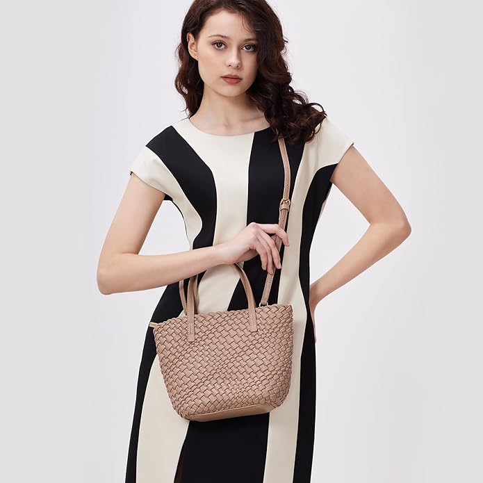 Woven Bags for Women Tote Hobo Shoulder Crossbody Bags PU Leather Handwoven Purse Summer Beach Travel Handbag (Khaki) - Image 2