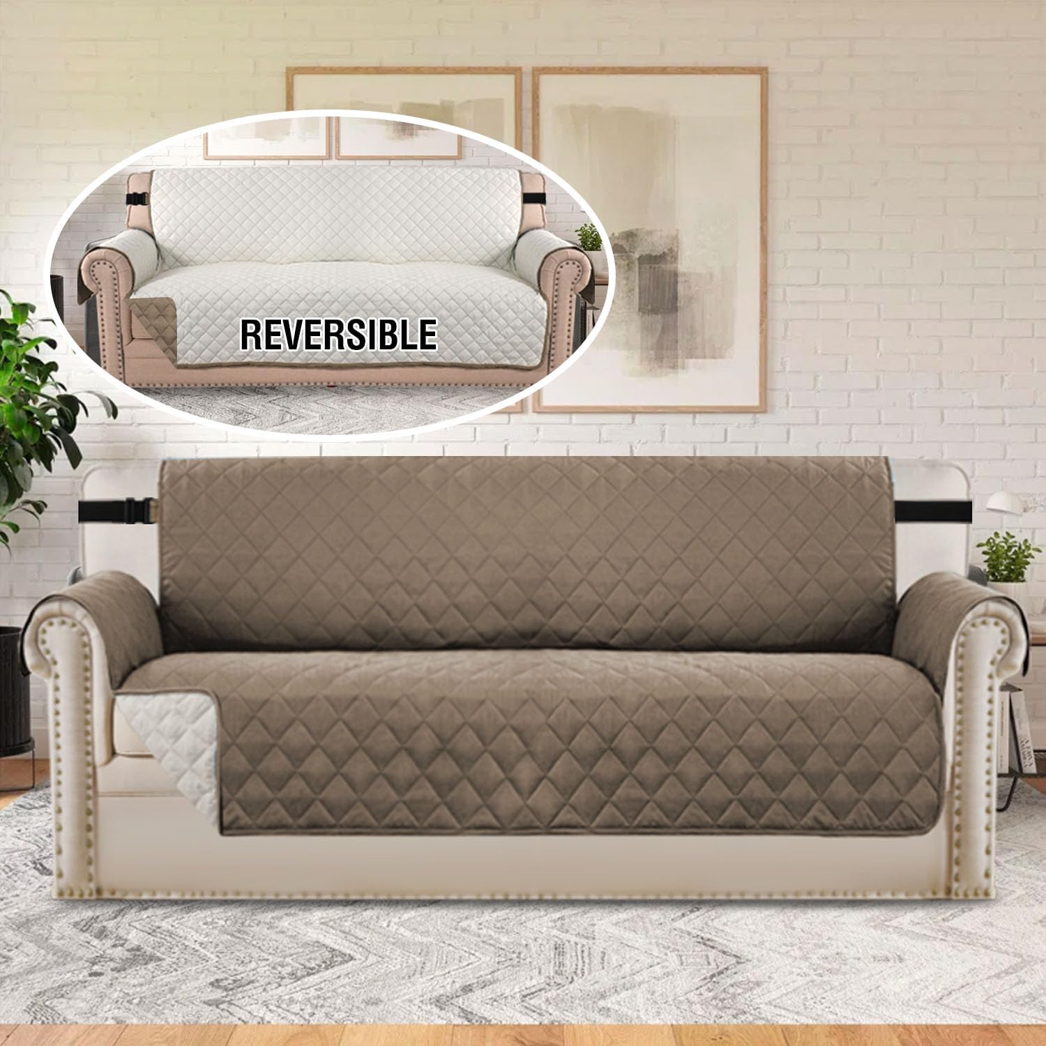 H.VERSAILTEX Reversible Quilted Sofa Cover Water Resistant Sofa Slipcover Washable Couch Cover with Non Slip Elastic Strap Furniture Protector for Kids, Dogs, Pets(Sofa, Taupe Brown/Beige) - Image 5
