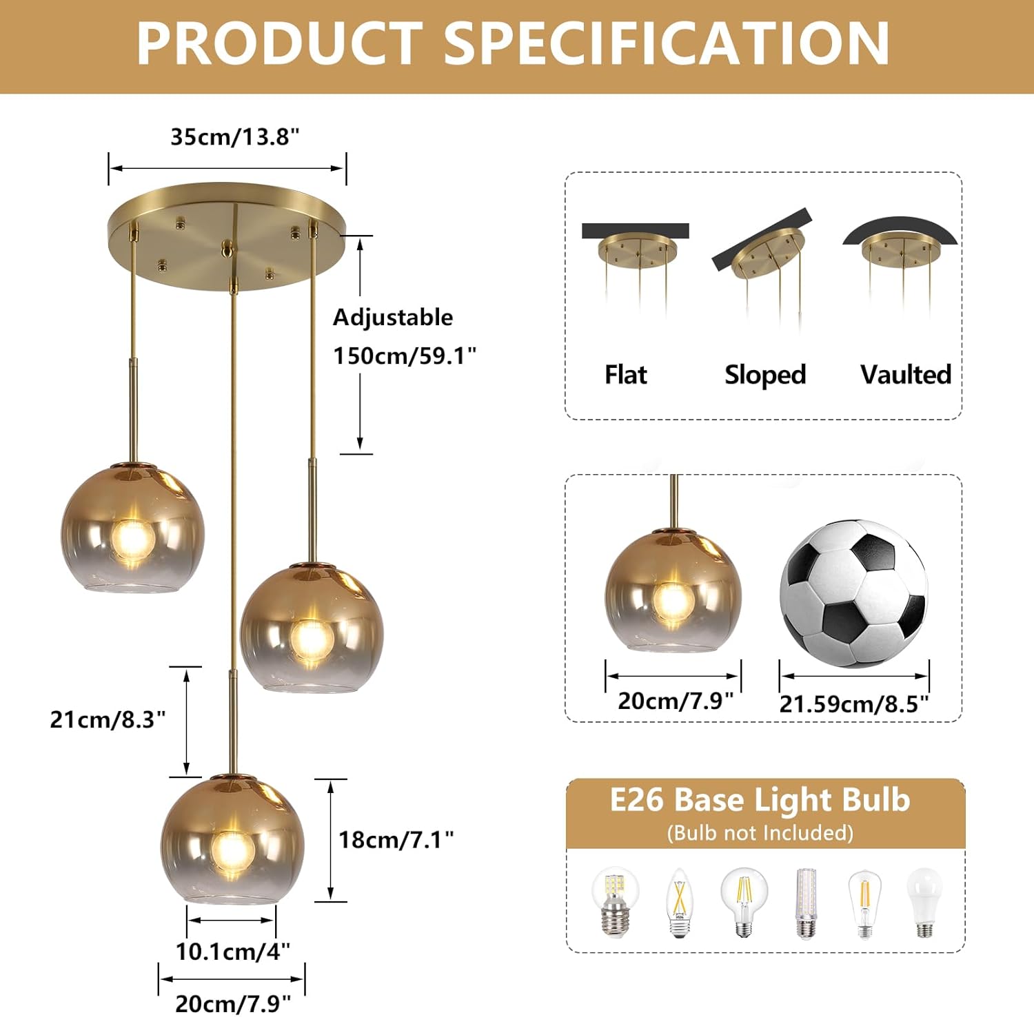 KCO Lighting 3 Light Globe Cluster Pendant Light Modern Glass Cluster Chandelier Gold Glass Pendant Light Fixture Mid Century Dining Room Chandelier Multi Pendant Light Fixture - Image 5