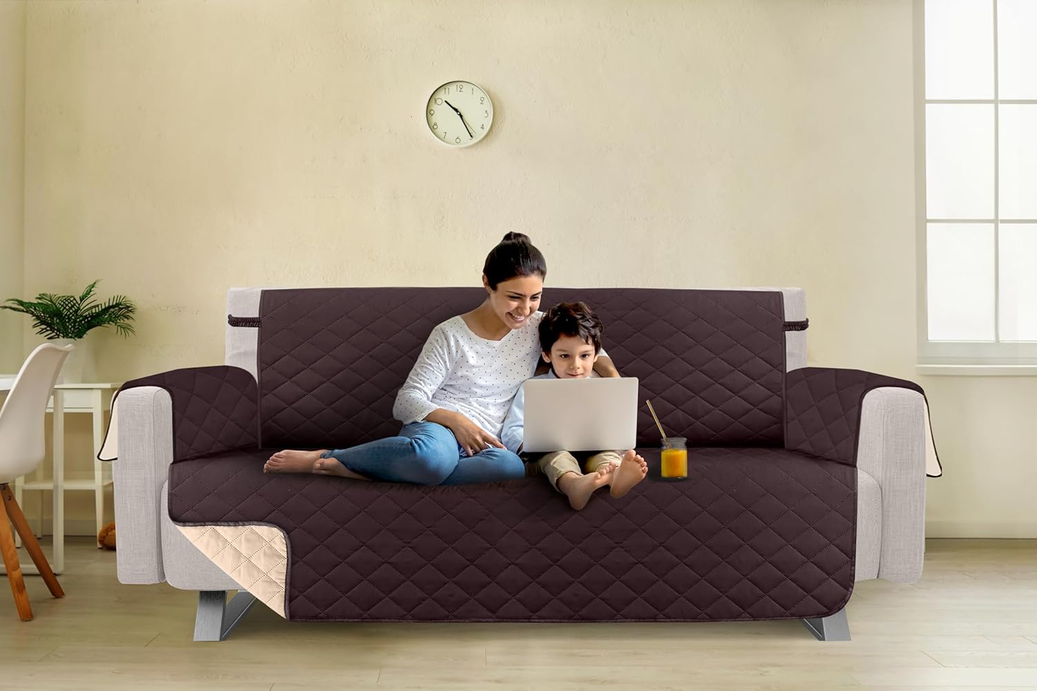 Utopia Bedding Reversible Sofa Couch Cover, Water Resistant Slipcover Furniture Protector with Foam Sticks and Elastic Straps for Kids Dogs Pets (3 Seater, Chocolate/Beige) - Image 3