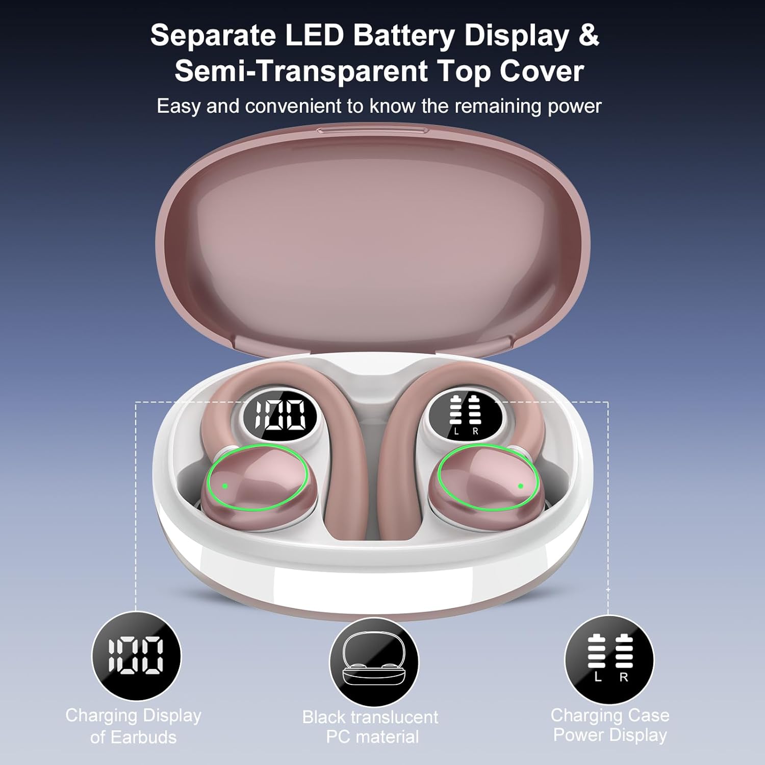 Wireless Earbuds, Bluetooth 5.3 Headphones Sport, Over Ear Buds With ENC Noise Cancelling Mic, 48H, Wireless Earphone With Earhooks, Deep Bass, IP7 Waterproof Headset for Workout Running, Rose Gold - Image 3