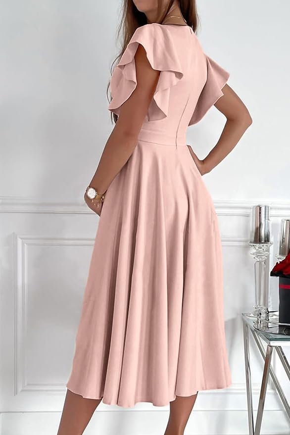 PRETTYGARDEN Summer Midi Dress 2025 Elegant Classy Ruffle Sleeve V Neck Cocktail Wedding Guest Spring Fit and Flared Dresses - Image 4