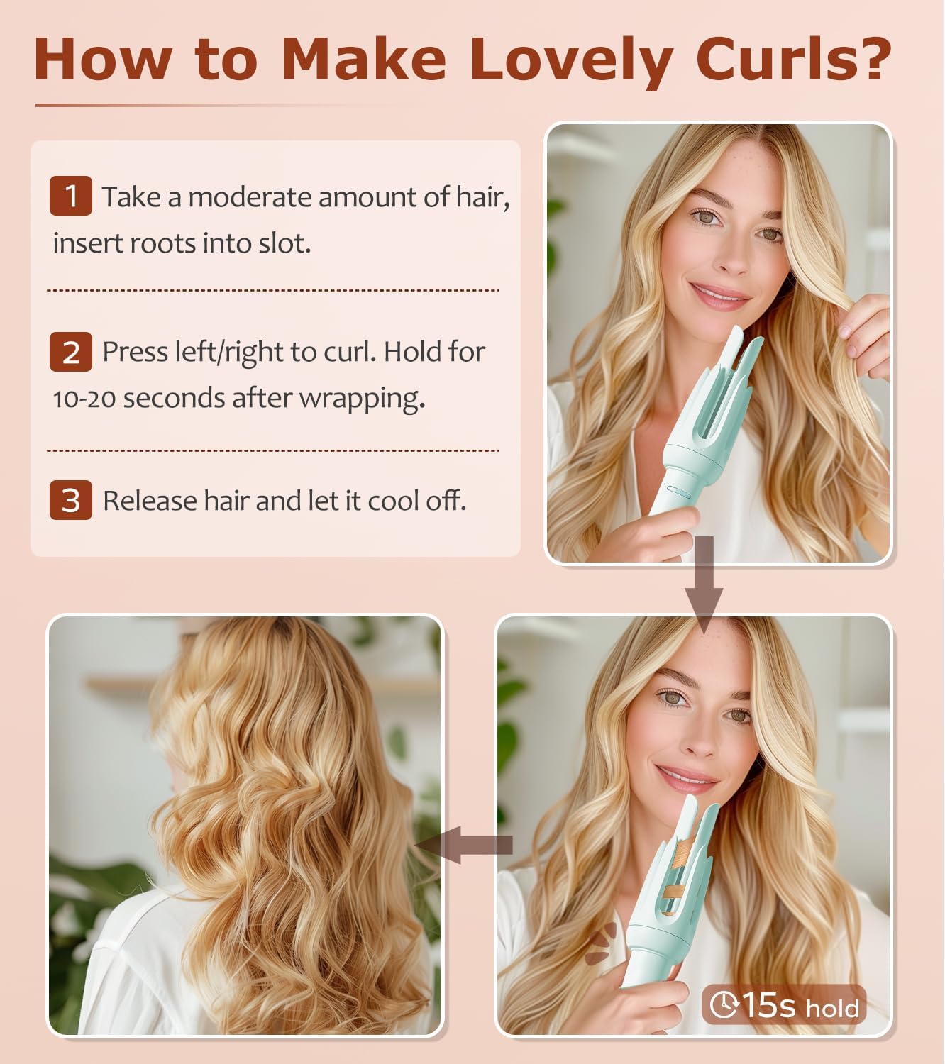 Auto Hair Curler, Automatic Curling Iron with 4 Temperature & 3 Timer, Automatic Shut-Off, Anti-Scald, Anti-Tangle Rotating Curling Wand for Hair Styling, Blue - Image 2