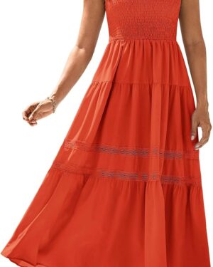 GRACE KARIN Womens Summer Dress Casual 2025 Flutter Sleeve Square Neck Smocked Boho Beach Dresses Tiered Midi Long Sundress