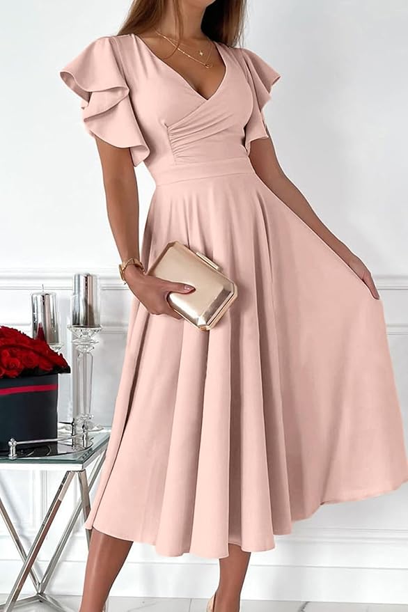 PRETTYGARDEN Summer Midi Dress 2025 Elegant Classy Ruffle Sleeve V Neck Cocktail Wedding Guest Spring Fit and Flared Dresses - Image 2