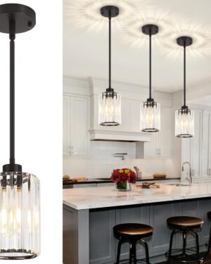 ZSMIHDOH 3 Pack Black Pendant Light, Modern Crystal Pendant Lights Kitchen Island Lighting, Hanging Light Fixtures Mini Chandelier Pendant Lights for Island...