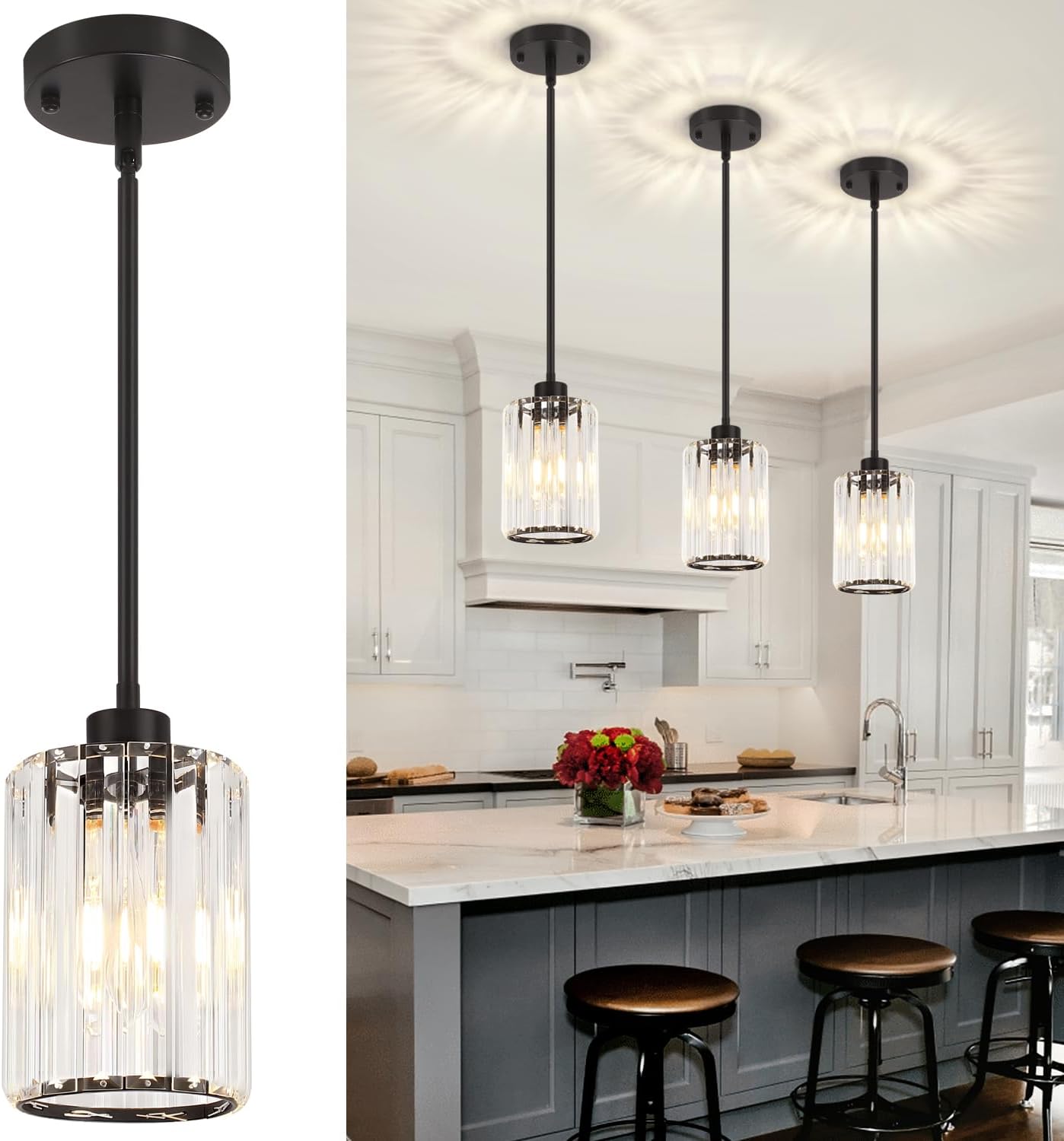 ZSMIHDOH 3 Pack Black Pendant Light, Modern Crystal Pendant Lights Kitchen Island Lighting, Hanging Light Fixtures Mini Chandelier Pendant Lights for Island...