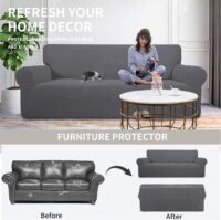 Easy-Going Stretch 4 Seater Sofa Slipcover 1-Piece Sofa Cover Furniture Protector Couch Soft with Elastic Bottom for Kids, Polyester Spandex Jacquard Fabric Small Checks Gray - Image 4