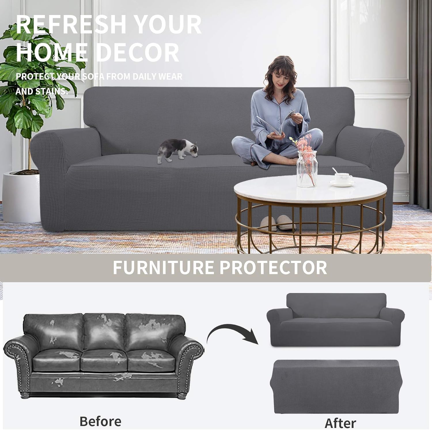 Easy-Going Stretch 4 Seater Sofa Slipcover 1-Piece Sofa Cover Furniture Protector Couch Soft with Elastic Bottom for Kids, Polyester Spandex Jacquard Fabric Small Checks Gray - Image 4