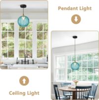 KCO Lighting Nordic Blue Glass Pendant Light Vintage Ribbed Glass Pendant Light Modern Large Globe Chandelier Mid Century Black Kitchen Island Pendant Lighting Over Island 2 Pack - Image 6