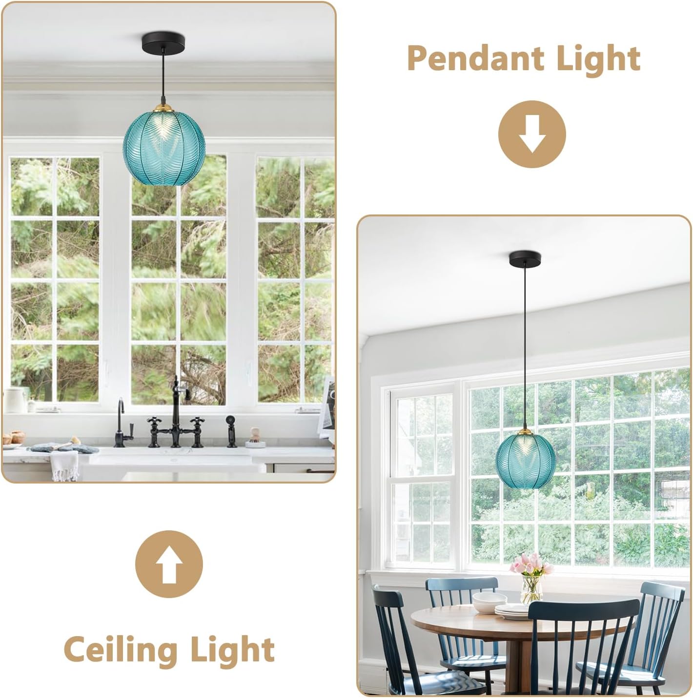 KCO Lighting Nordic Blue Glass Pendant Light Vintage Ribbed Glass Pendant Light Modern Large Globe Chandelier Mid Century Black Kitchen Island Pendant Lighting Over Island 2 Pack - Image 6