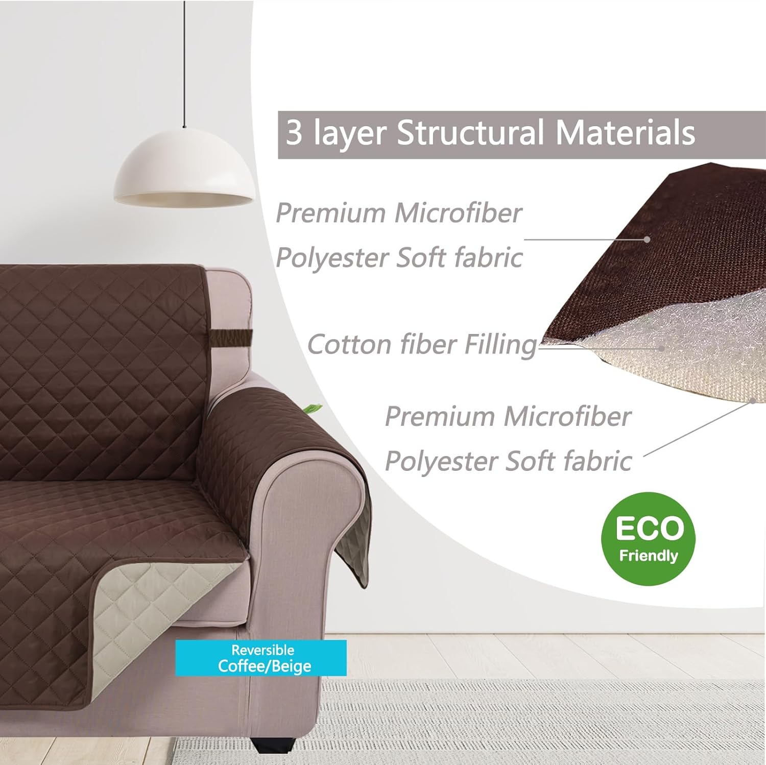 U-NICE HOME Reversible Sofa Cover Couch Cover for Dogs with Elastic Straps Water Repellent Furniture Protector for Pets Couch Cover for 3 Cushion Couch (Sofa, Coffee/Beige) - Image 5