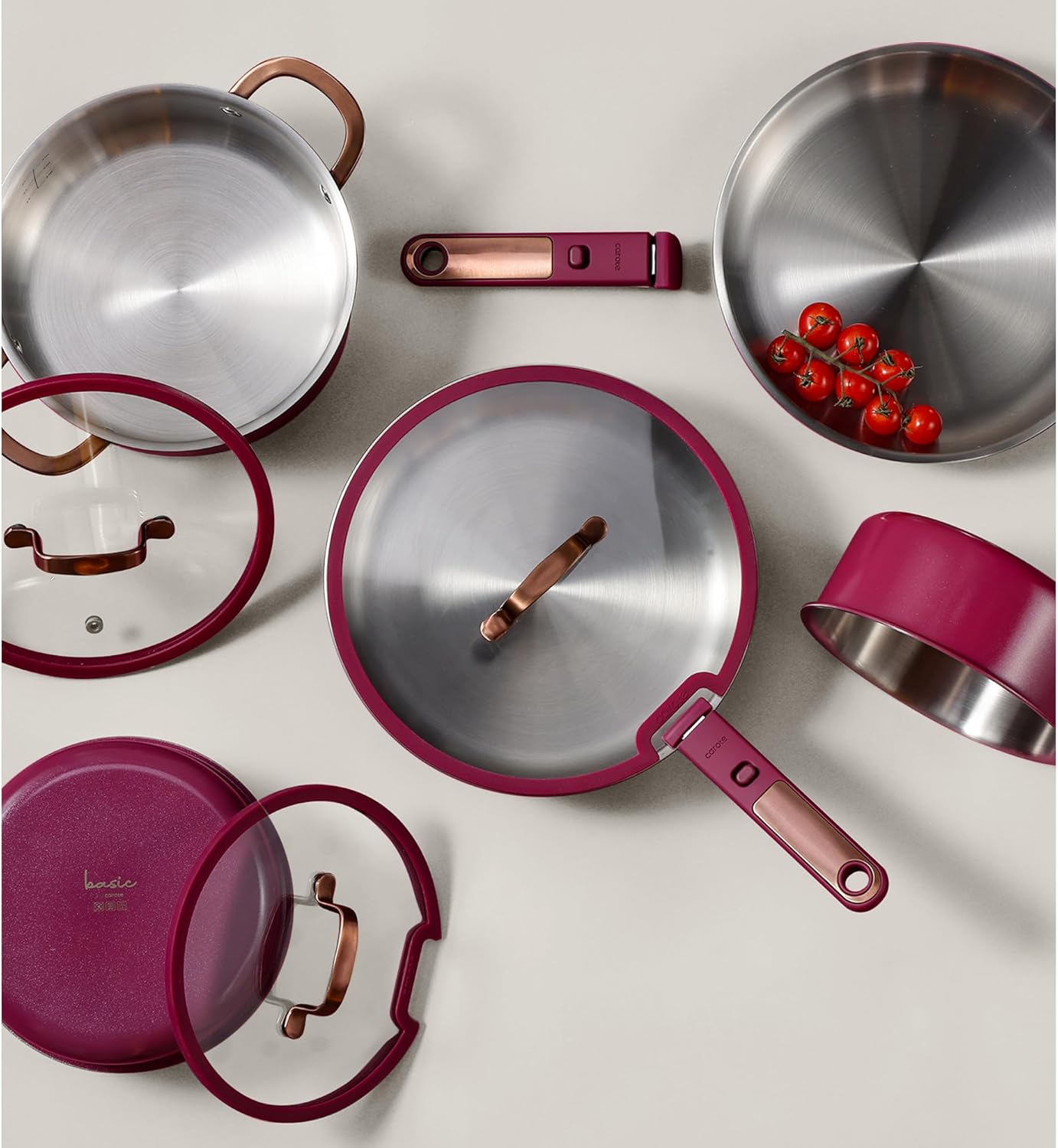 CAROTE 19pcs Tri-Ply Stainless Steel Cookware Set with Detachable Handle, Pots and Pans Set, Induction Kitchen Cooking Sets, RV/Camping Cookware, Outer Ceramic Layer, Oven Safe, Violet Purple - Image 5