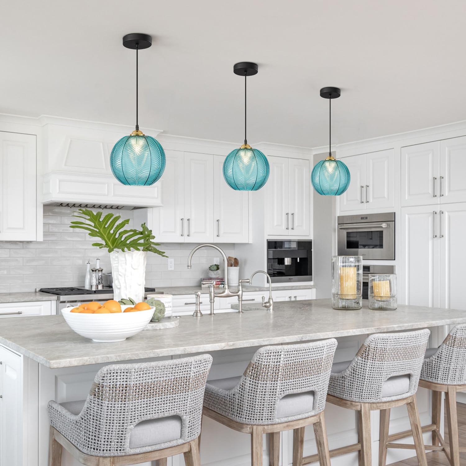 KCO Lighting Nordic Blue Glass Pendant Light Vintage Ribbed Glass Pendant Light Modern Large Globe Chandelier Mid Century Black Kitchen Island Pendant Lighting Over Island 2 Pack - Image 5