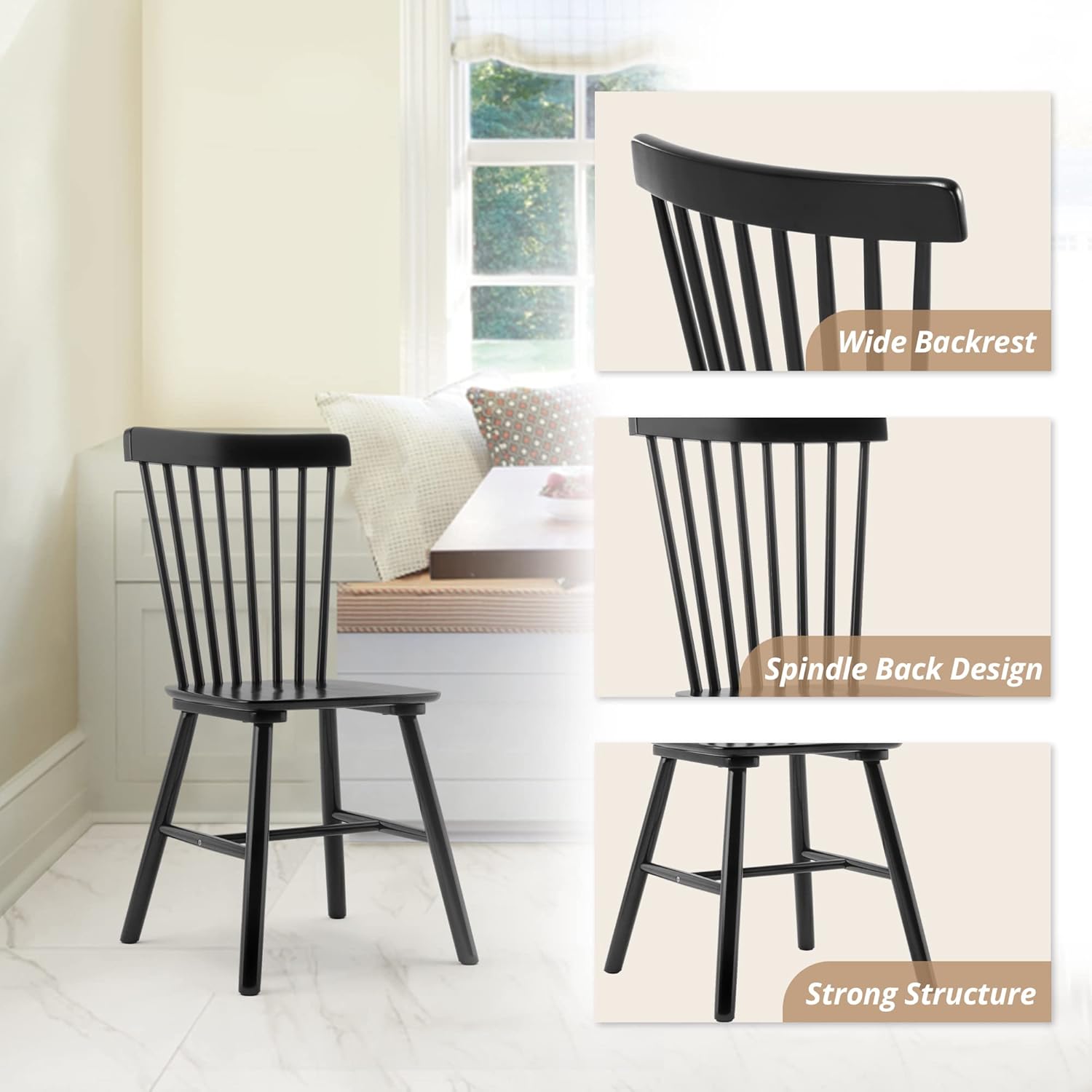 LUE BONA Windsor Dining Chair Set of 4, Spindle Back Wooden Chairs for Kitchen and Dining Room, Restaurant, Cafe, Hotel, Black - Image 4