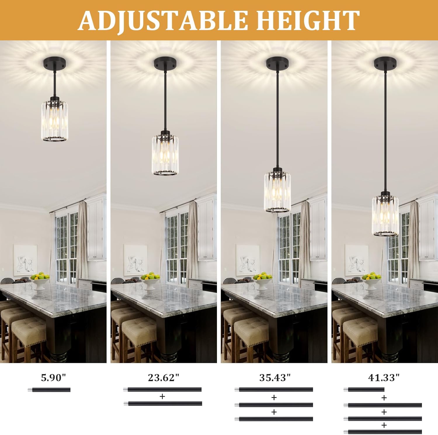 ZSMIHDOH 3 Pack Black Pendant Light, Modern Crystal Pendant Lights Kitchen Island Lighting, Hanging Light Fixtures Mini Chandelier Pendant Lights for Island... - Image 6